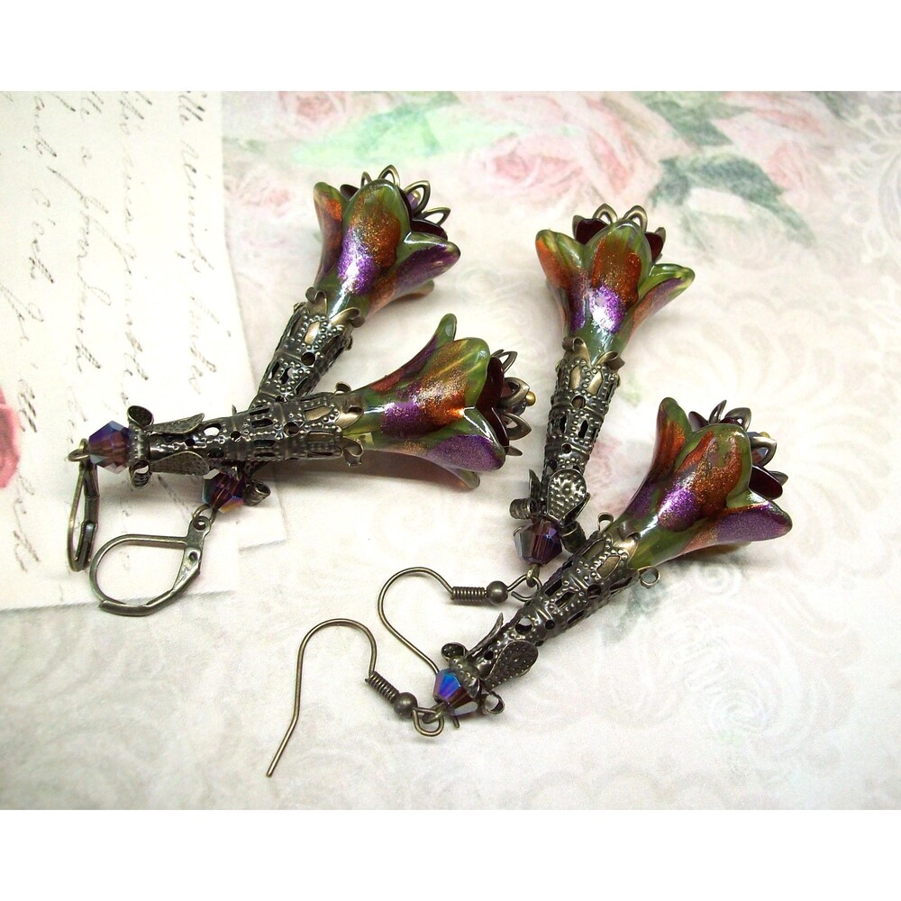 Autumn Floral Earrings, Bronze, Vintage Style Flower Jewelry, Hand Painted